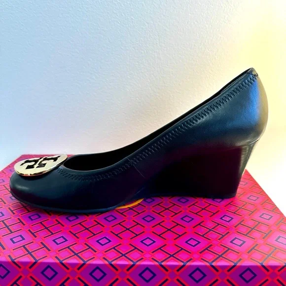 Like New! Tory Burch Sally Black Wedge with Gold Emblem - Picture 4 of 10
